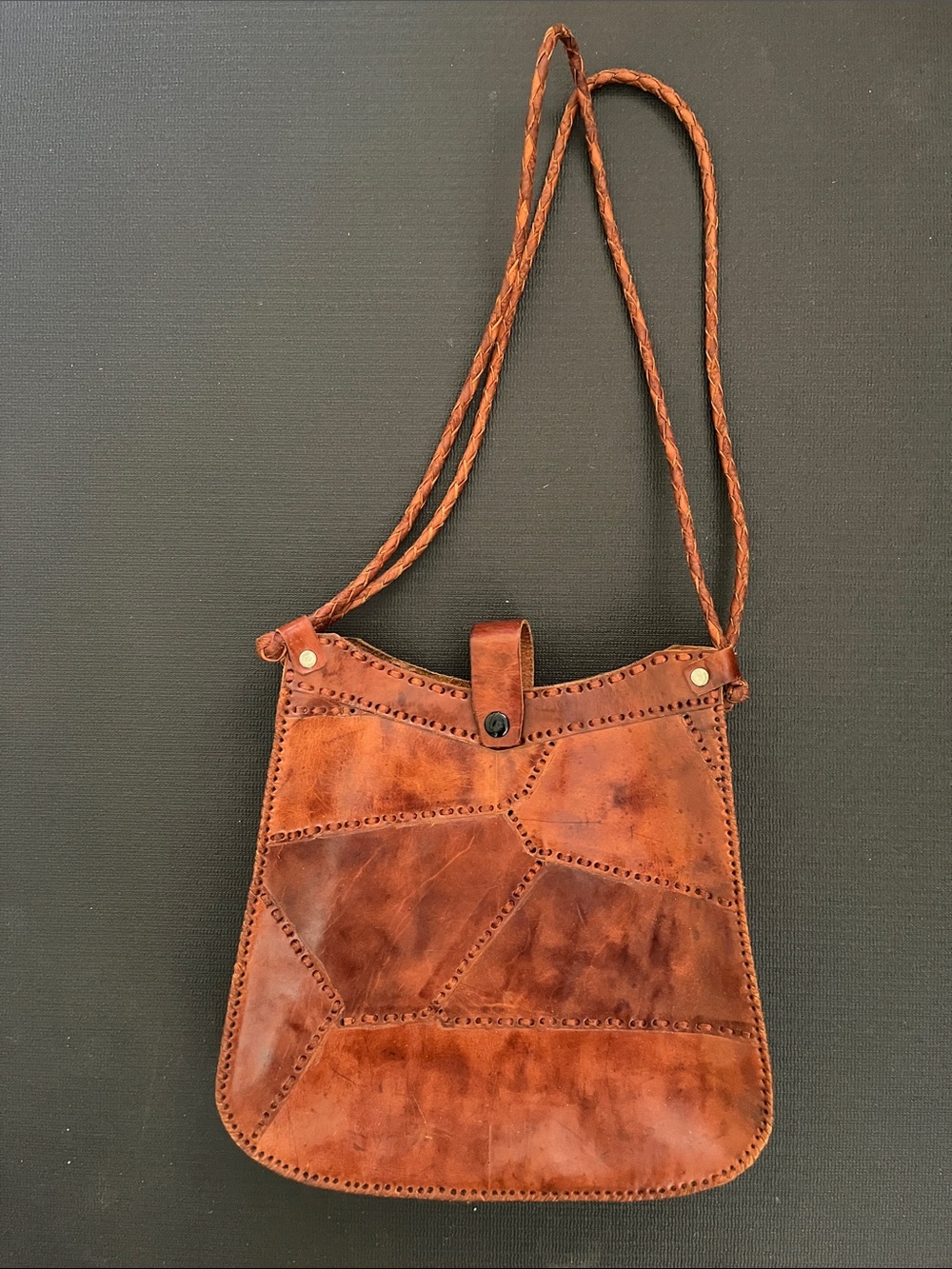 Vintage 1970s Patchwork Leather Bag with Braided Straps